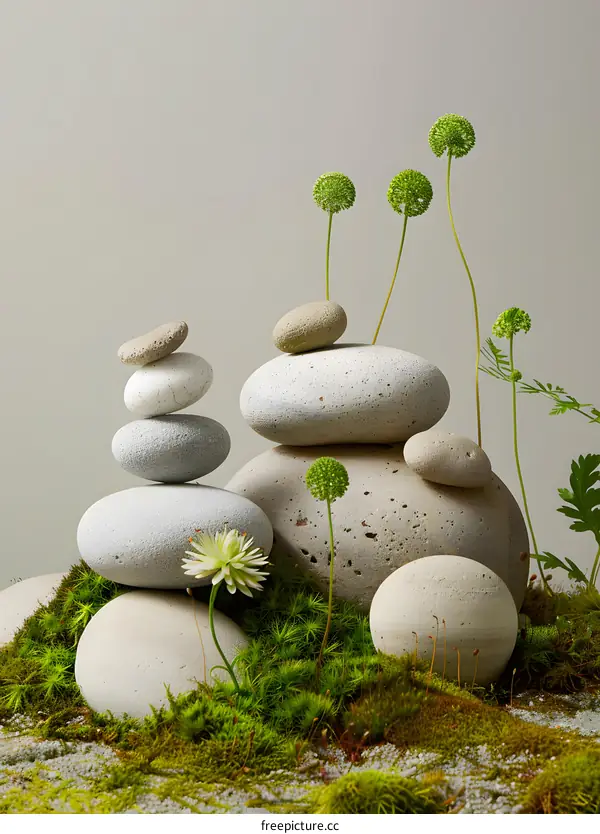 Stacked Stones and Green Plants on Mossy Ground