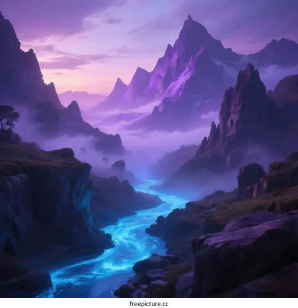 Misty Mountain Valley with Glowing Blue River at Sunset