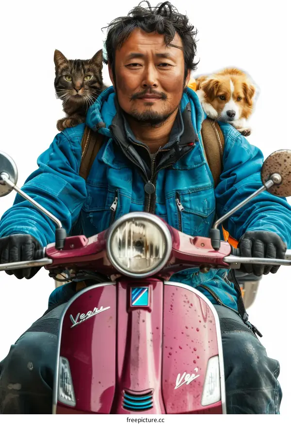 A Man with a Cat and a Dog on a Scooter