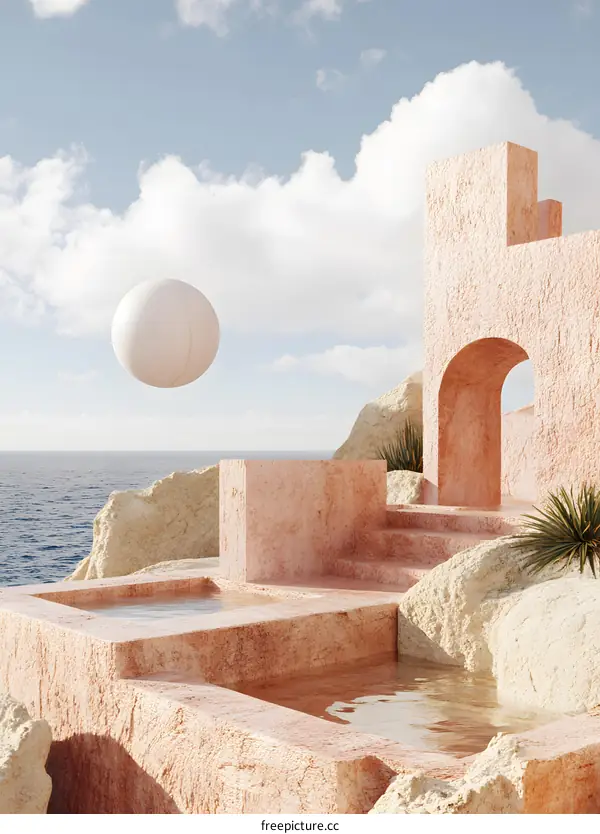 Minimalist Architecture Design with Geometric Shapes and a Floating Sphere