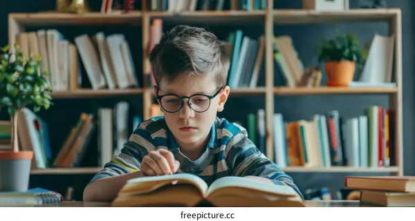 Young caucasian boy reading a book in the library