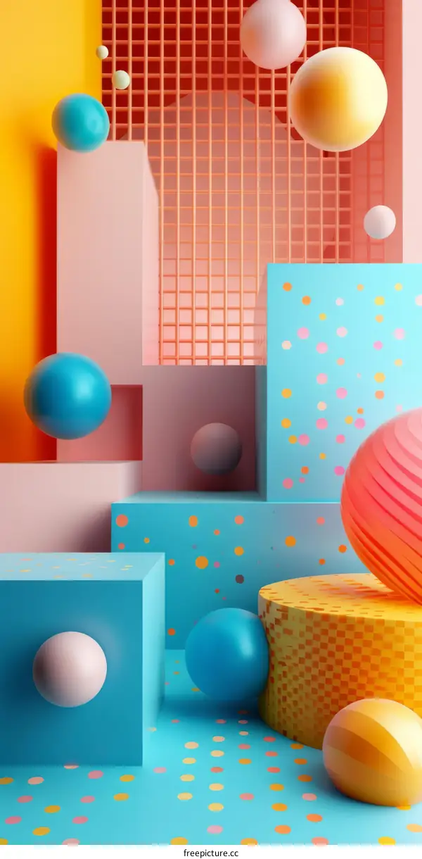3D rendering of colorful geometric shapes and polka dots