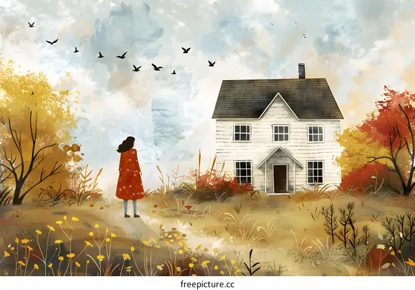 girl in red cloak looking at a house in the middle of a field
