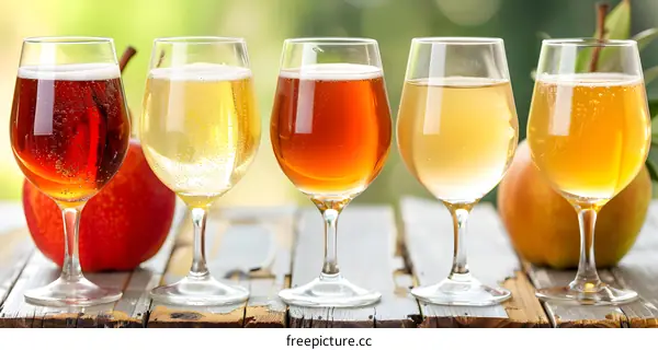 Five Glasses of Apple Cider on Wooden Table