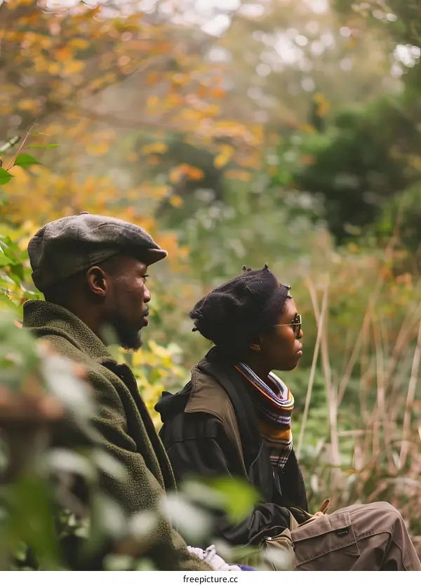 Couple Sitting On A Bench In The Forest