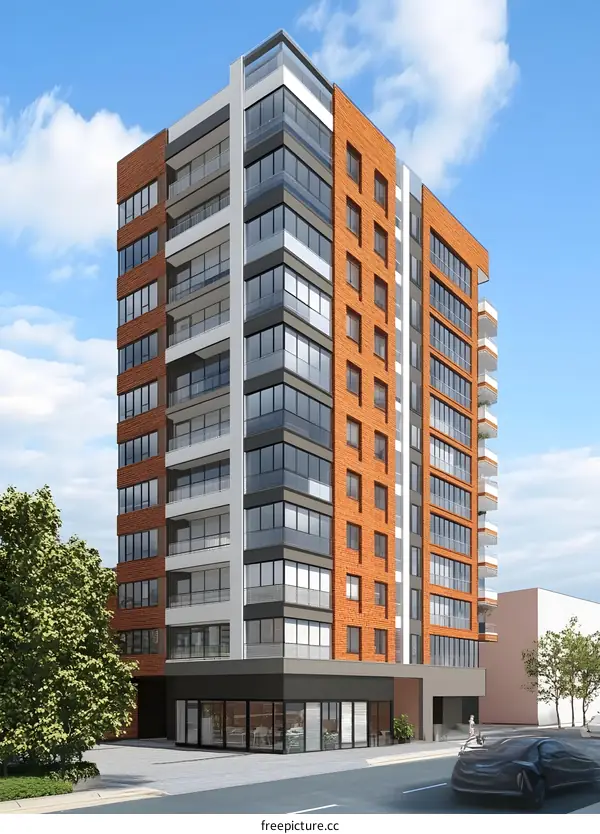 Modern Brick Apartment Building with Glass Windows