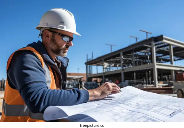 Construction worker looking at blueprints