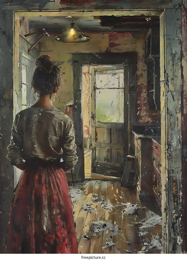 Woman in Red Skirt Standing in a Rustic Interior