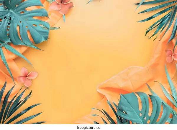 Tropical Leaf and Flower Background with Orange Fabric