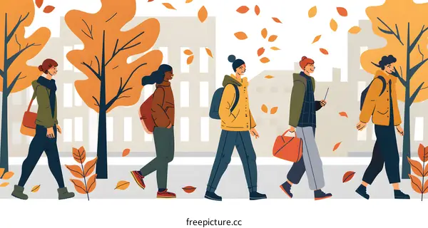 Group of People Walking in Autumn City