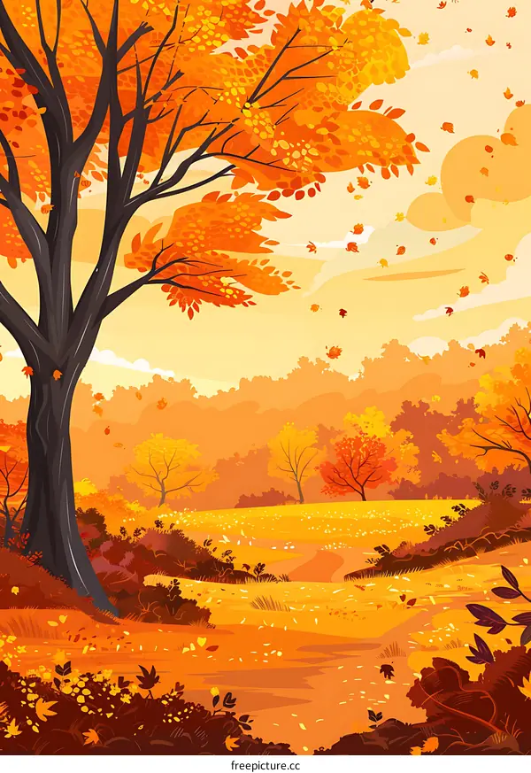 Autumn Landscape with Colorful Leaves Falling From Trees
