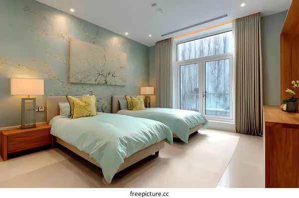 Twin Bedroom with Light Blue Bedding and Floral Artwork