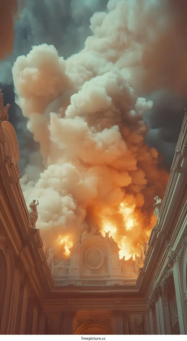 Smoke and Fire Over an Architectural Building