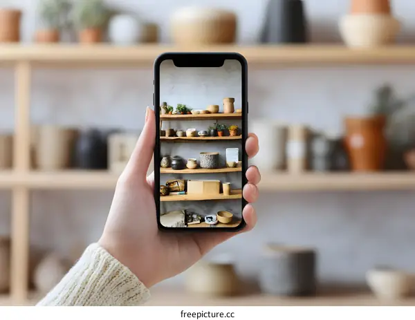 Hand Holding Phone Taking Photo of Potted Plants on Wooden Shelf