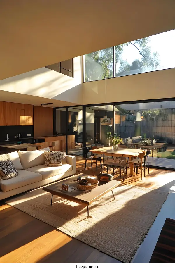 Modern Living Room with High Ceilings and Natural Light