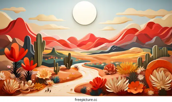 Surreal Desert Landscape with Vibrant Cactus and Flowers