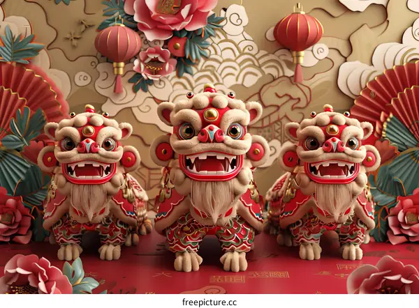 Three Cartoon Lions Wearing Chinese Traditional Costumes Perform Lion Dance on Festive Stage