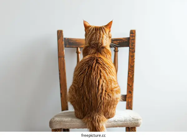 Orange cat sitting on chair with back to camera