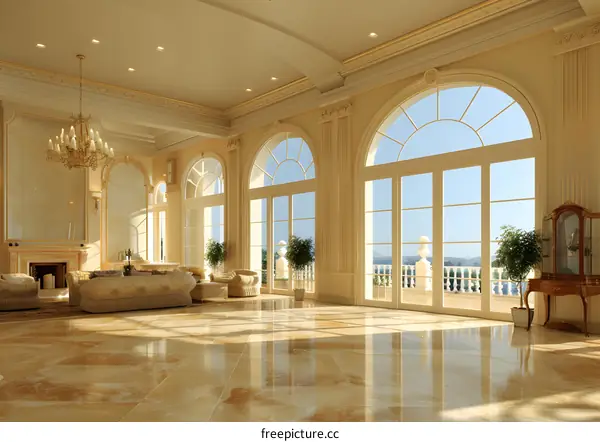 Bright interior of a luxury home with large windows and a marble floor