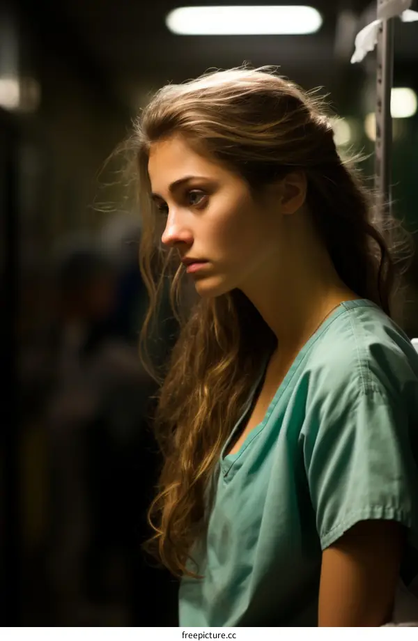 A young female doctor looking sad in a hospital hallway