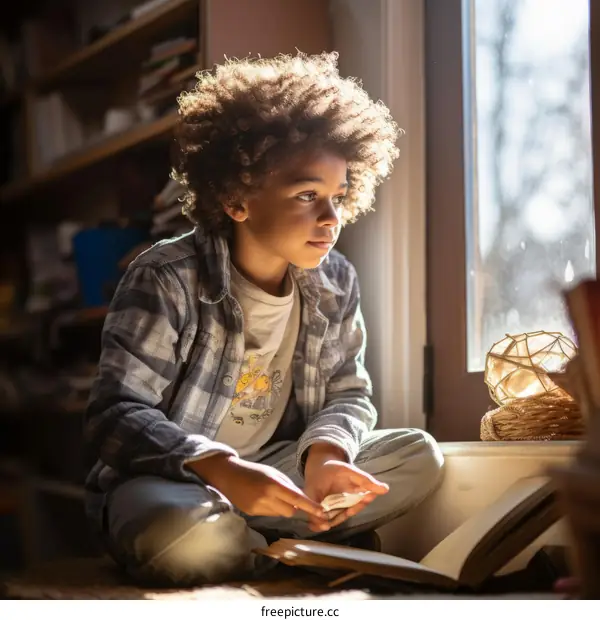 A young boy sits on the floor in front of a window reading a book
