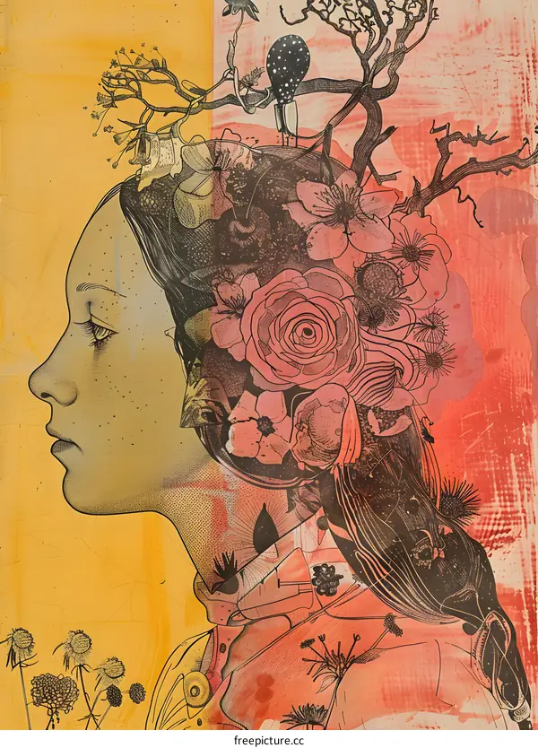 Woman with Flowers and Branches Illustration