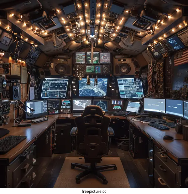 Futuristic command center with multiple computer monitors and screens