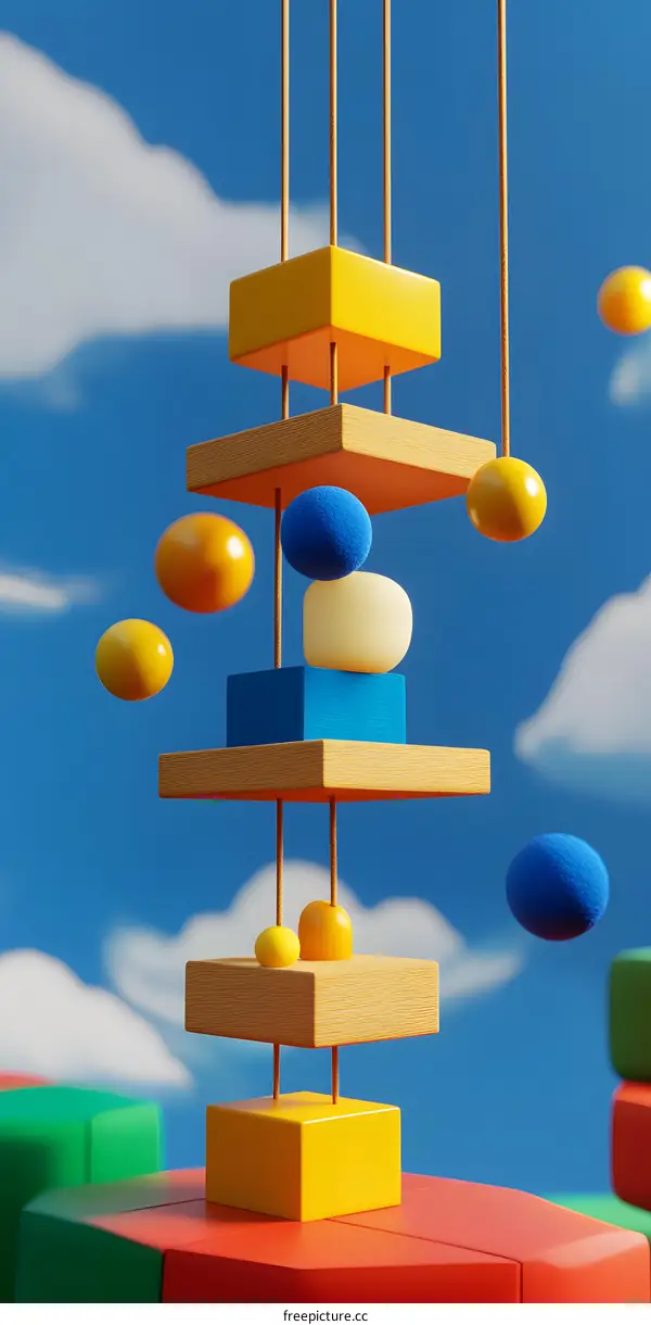 Abstract 3D Rendering of Colorful Geometric Shapes and Wooden Platforms Against a Blue Sky Background