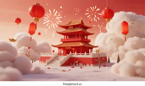 Red Pagoda with Lanterns and Fireworks in Clouds