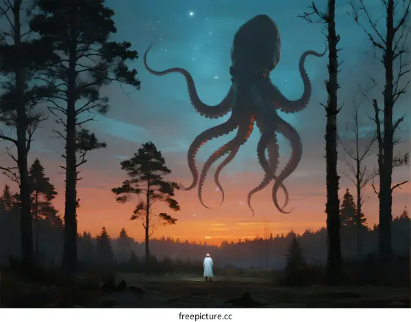 Giant Octopus in Night Forest with Standing Figure