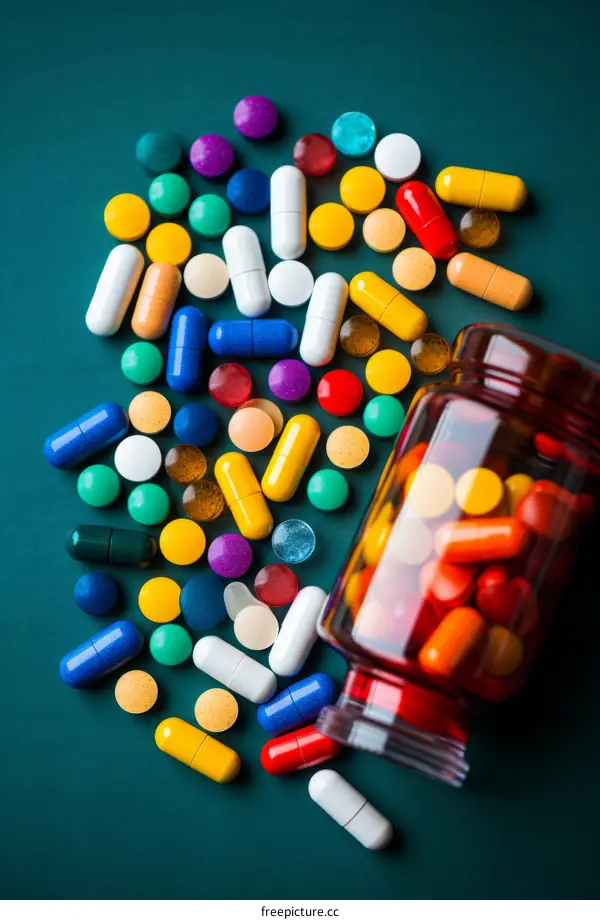 Colorful pills and capsules spilling out of a prescription bottle