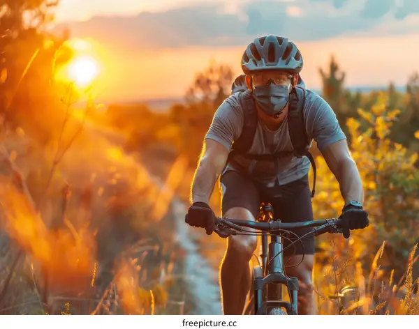 Cyclist in protective mask riding a mountain bike on a field at sunset