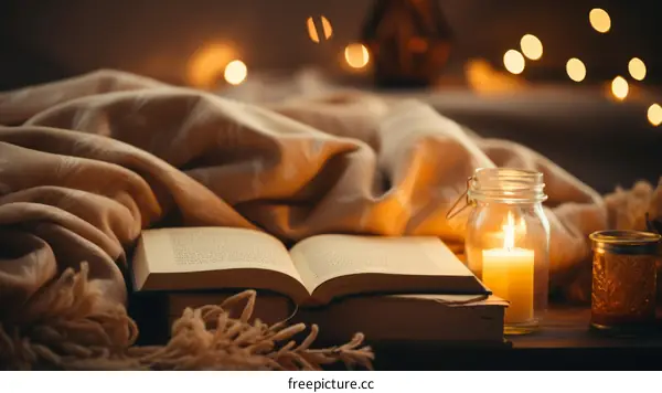 Cozy Reading Nook with Book, Candle and Blanket