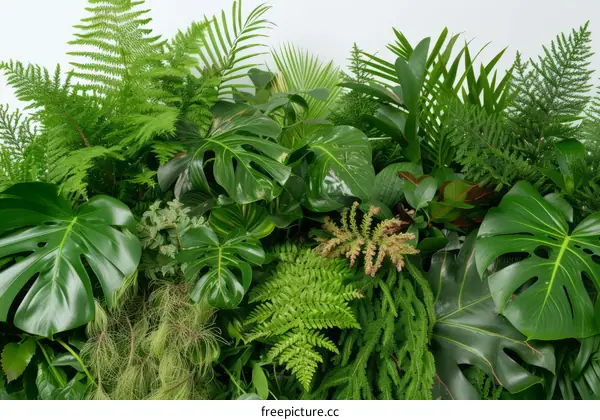 Various species of green tropical leaves