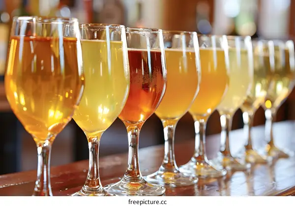 Row of Wine Glasses with Different Colors of Wine