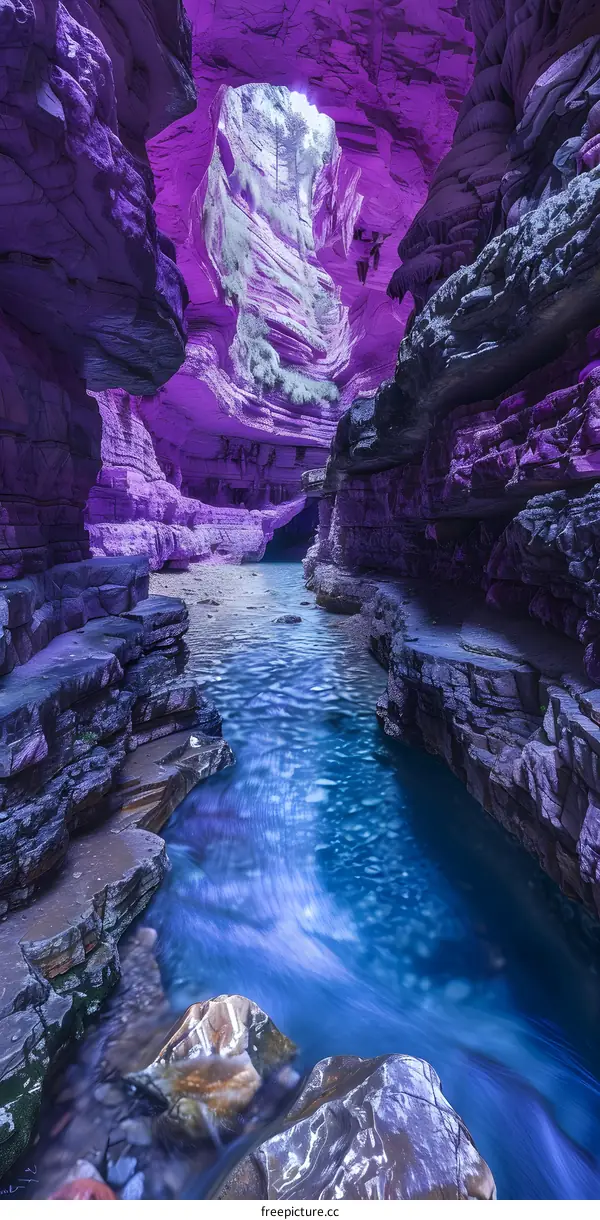 Purple Cave River Flowing Water