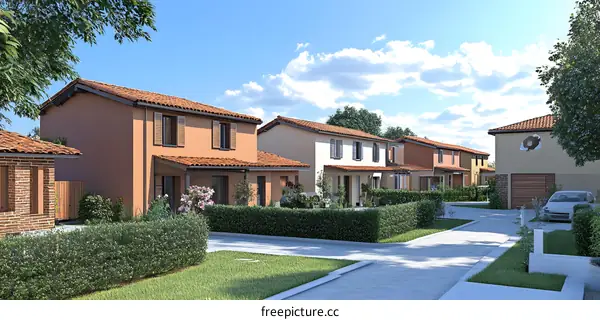 Row of Houses with Red Tile Roofs and Green Bushes