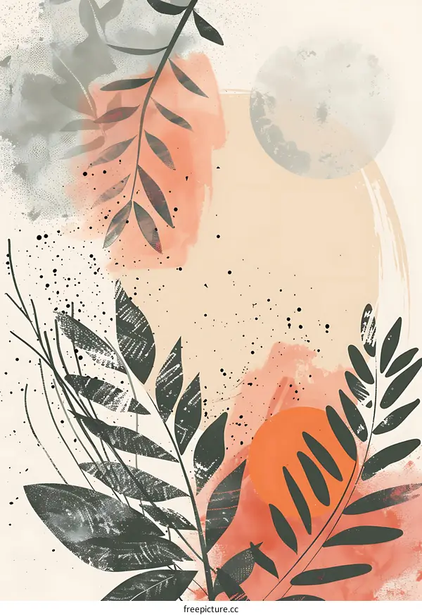 Abstract Watercolor Painting with Leaves and Circles