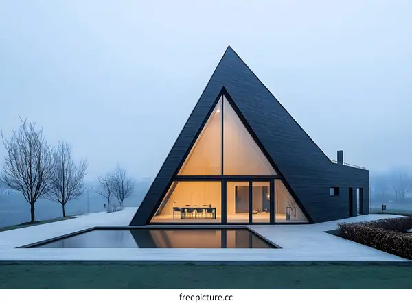 Modern A Frame House with Large Glass Windows and Swimming Pool