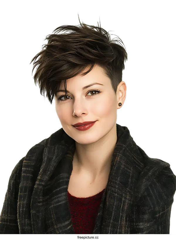 [Transparent Background PNG]Portrait of a Young Woman with Short Brown Hair Wearing a Plaid Coat