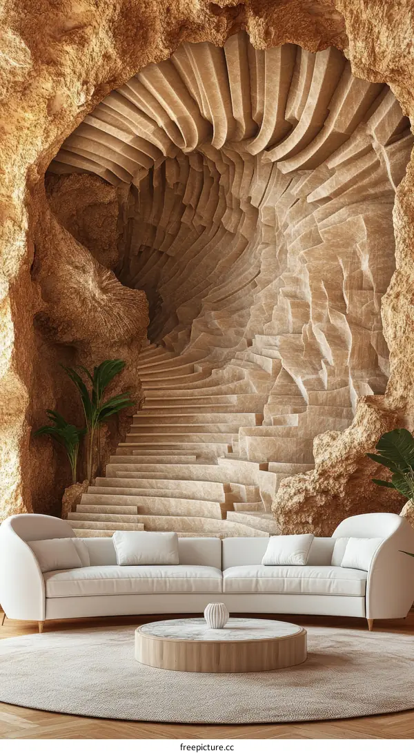 Abstract Cave Wall Mural with Stone Steps