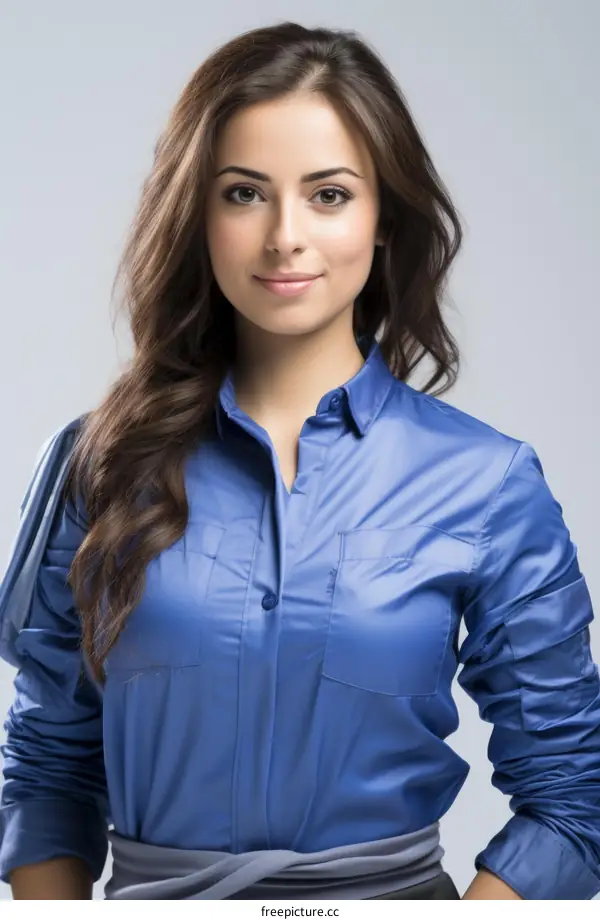 portrait of a young beautiful woman in blue blouse