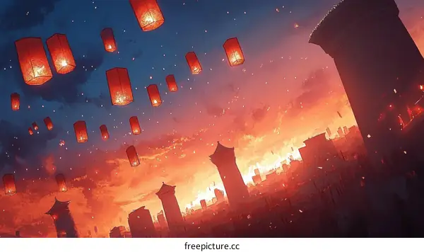 Cityscape at Sunset with Sky Lanterns