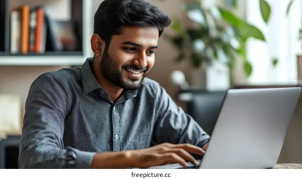 Smiling Young Man Working on Laptop