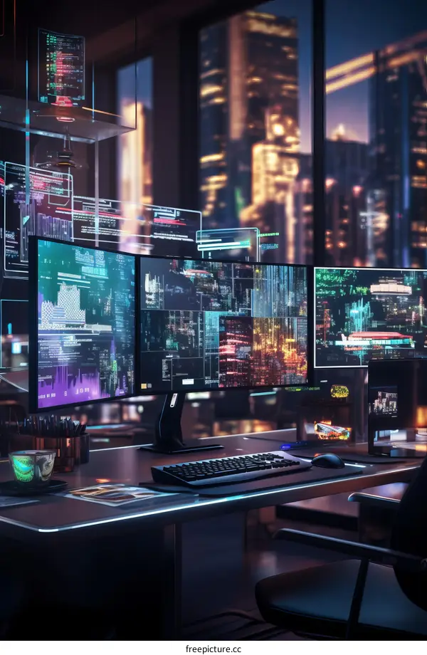Futuristic Programmer Workplace with Multiple Monitors and Urban Night View