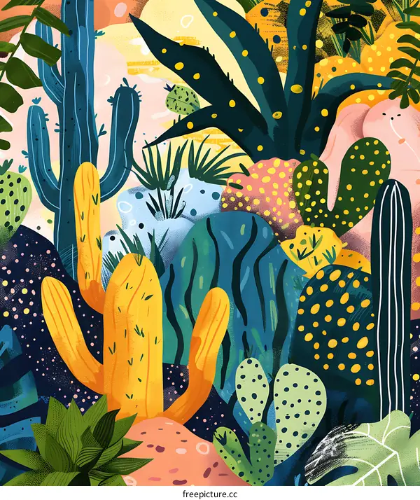 Colorful Illustration of Cactus Plants in a Desert Garden
