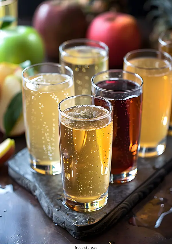 Apple Cider Glasses On Wooden Board