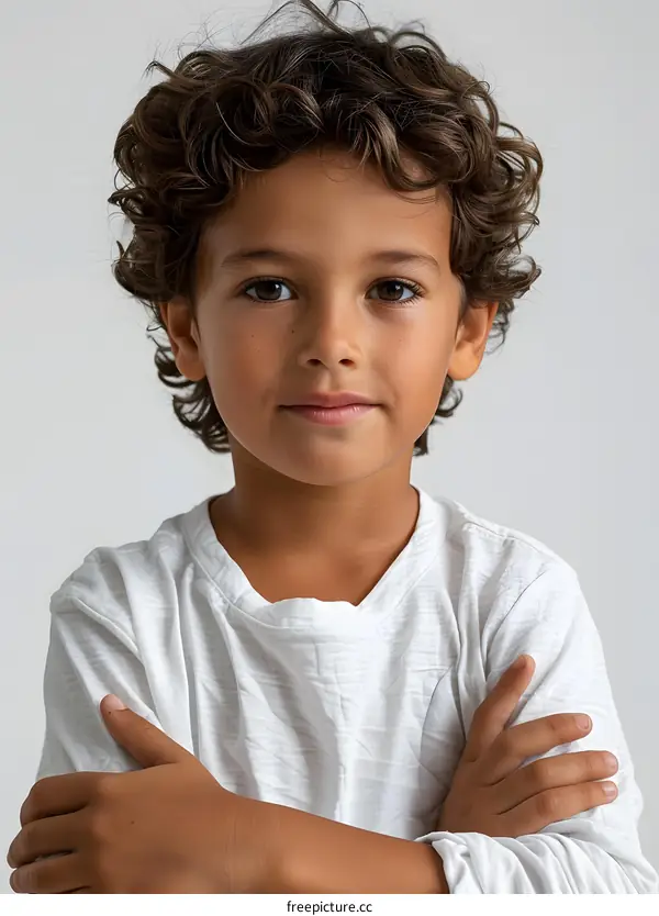 Portrait of a boy with curly brown hair and brown eyes