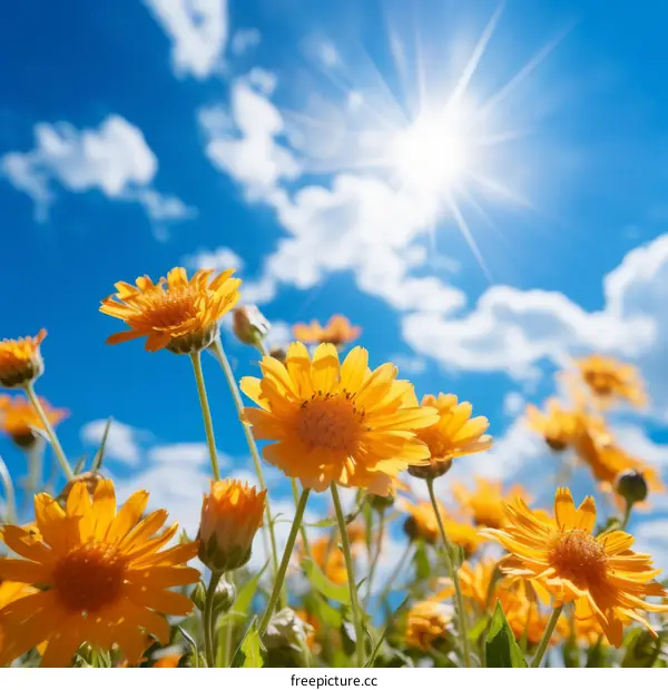 Yellow flowers field under blue sky and sunshine