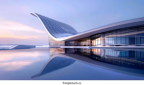 Modern Architecture with Curved Roof and Reflection Pool at Sunset